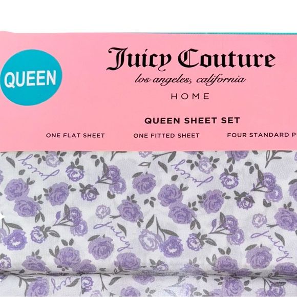 **SOLD** Juicy Couture Home 6 Piece Purple Floral Print Queen Size Sheet Set - Picture 3 of 12